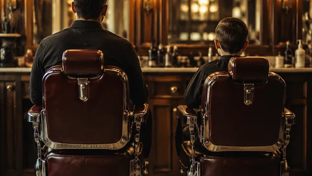 Father and son in barber chairs at Styles Barber Shop